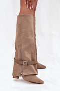 bottes hautes femme suède taupe effilée bout pointu talon carré bas chic confortable tige souple froncée