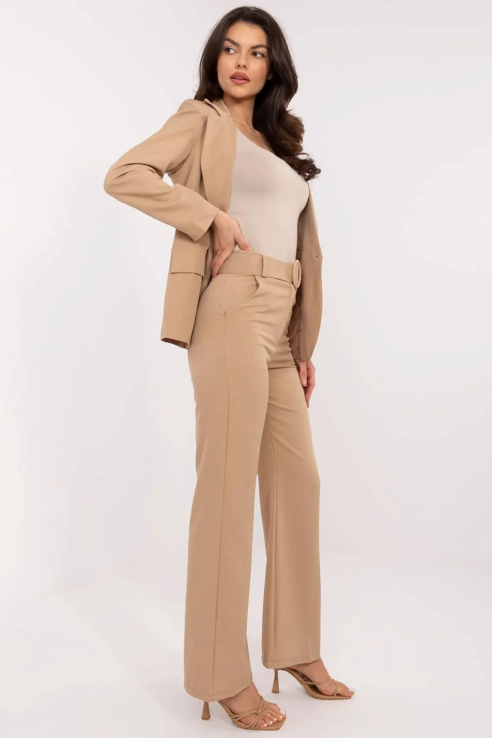 Pantalon femme Italy Moda élégant polyester haute qualité taille haute jambes évasées blazer assorti top neutre beige