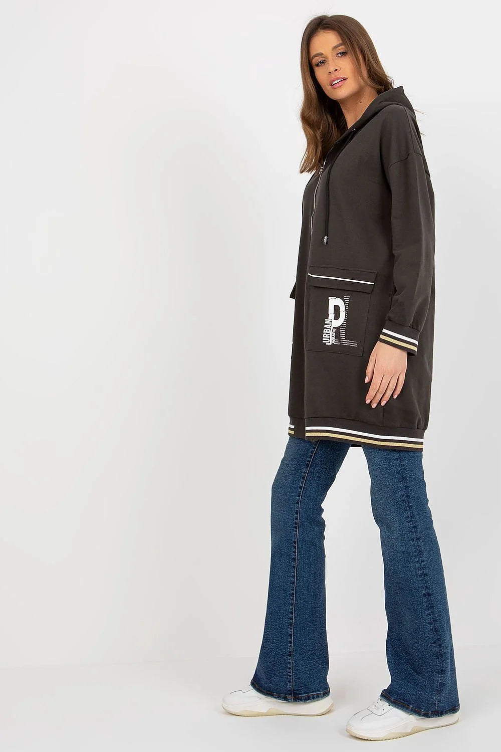 Sweatshirt Relevance pour femme, oversized, design urbain moderne, manches longues, fermeture éclair intégrale, poches grandes, coton élasthanne, tailles S/M-L/XL