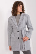 Manteau classique pour femme en laine gris clair coupe droite col à revers large double boutonnage manchettes larges ceinture ajustable