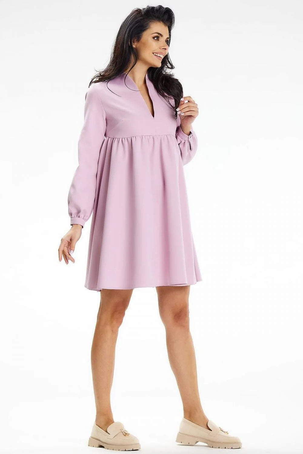 Robe élégante pour femme en polyester élasthanne manches longues encolure profonde ajustée taille empire