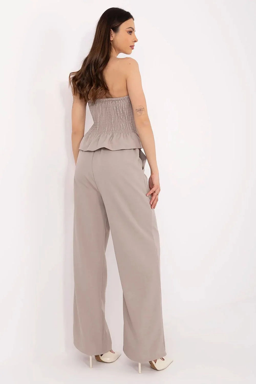 Ensemble chic élégant pour femmes sans manches bustier pantalon palazzo tissu léger beige sable