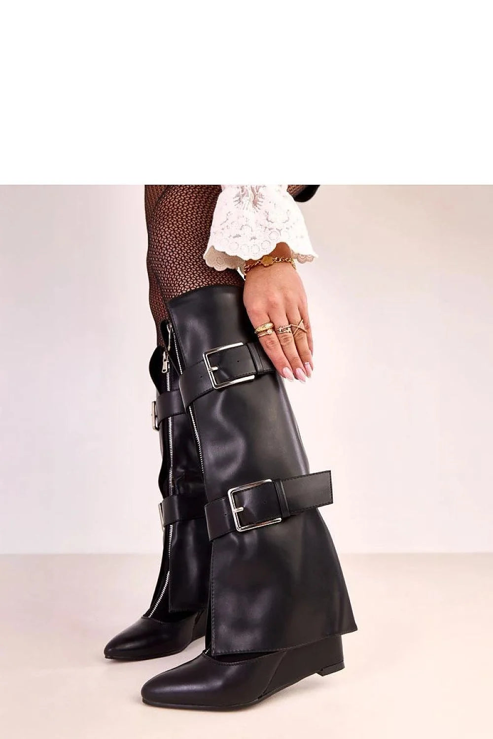 bottes cothurnes hautes genou similicuir noir motardes pointu taloncompensé 8cm confortable doublure chaude boucles décoratives réglables fendu fermetureéclair latérale élégantes