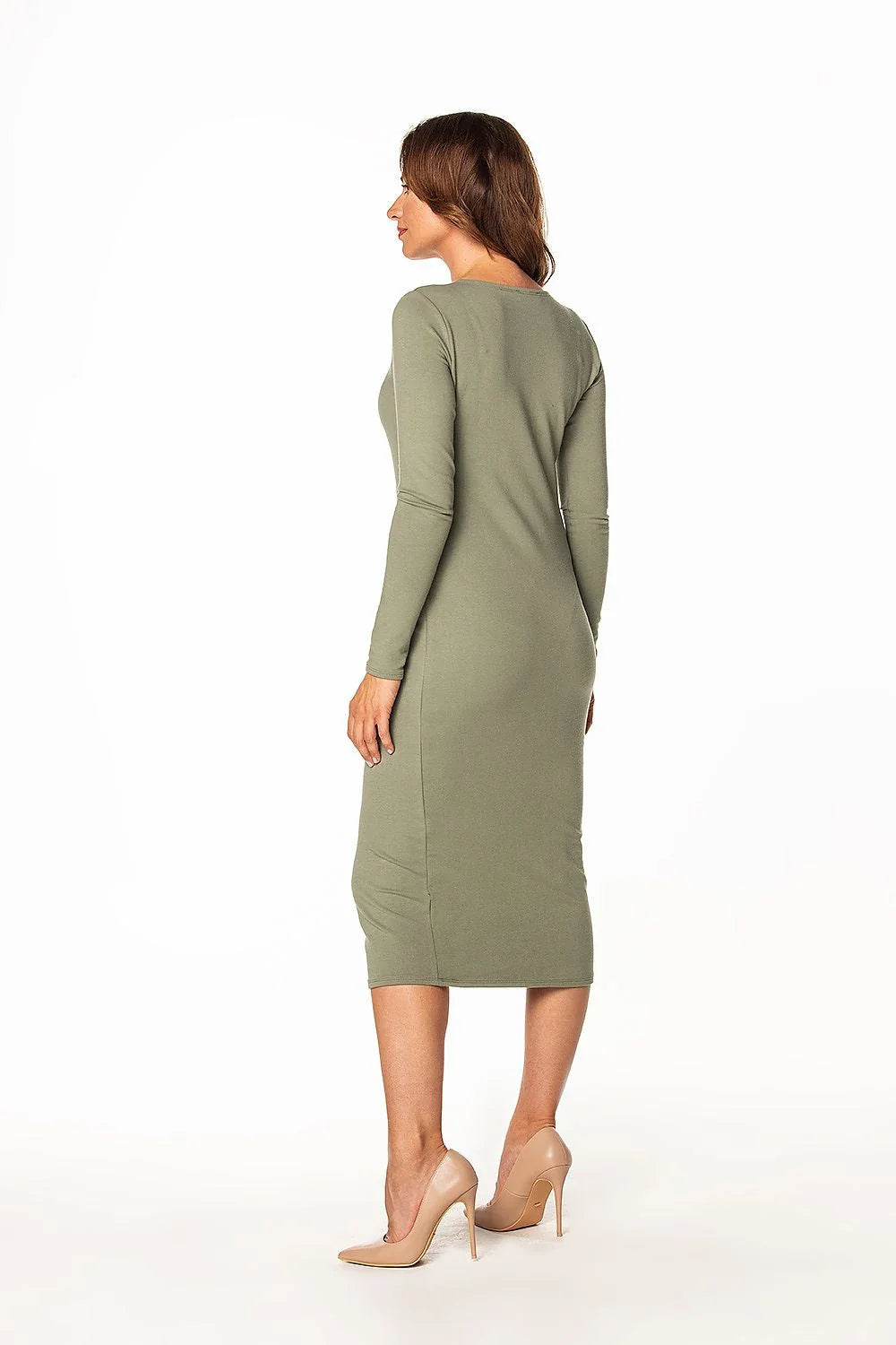 Robe midi femme design épuré manches longues vert kaki matériau confortable ajustée silhouette féminine