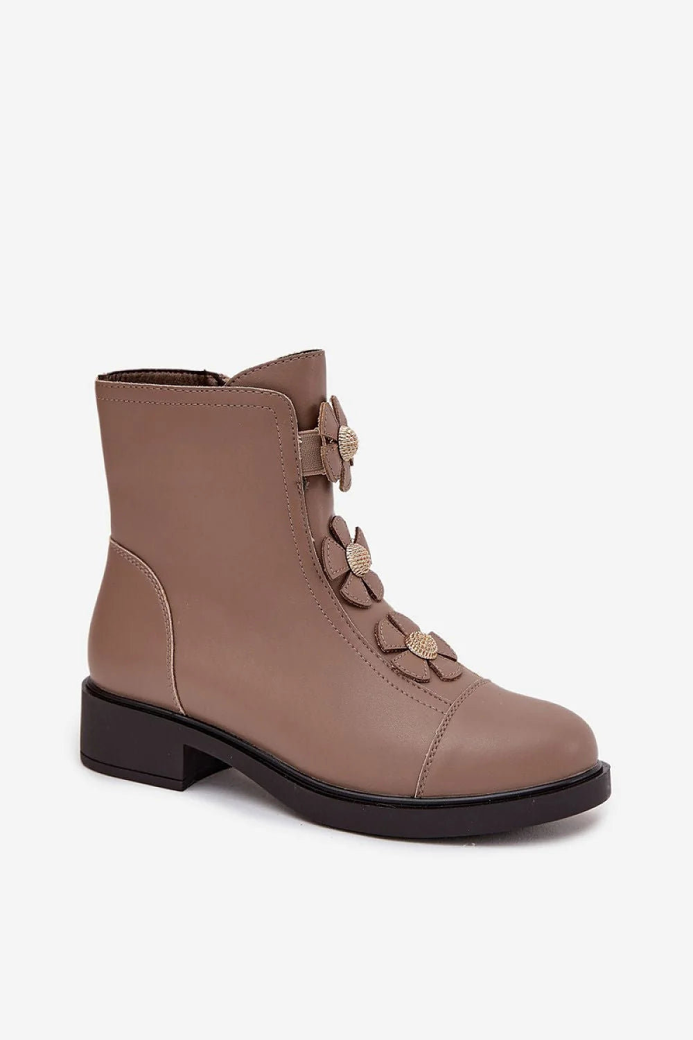 bottines femme Jezzi cuir naturel taupe bout rond talon bas carré tige 14cm fermeture éclair fleurs appliquées boutons dorés