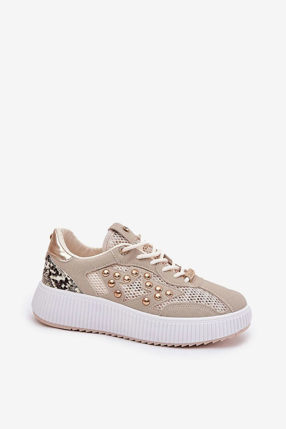 Chaussures de sport femmes modernes élégantes en éco-suède maille beige doré coupe basse confort amorti lacets métalliques