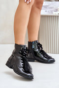 bottines femmes design contemporain cuir verni noir lacets décoratifs tulle microperles talon carré bas fermeture zippée rockchic confort