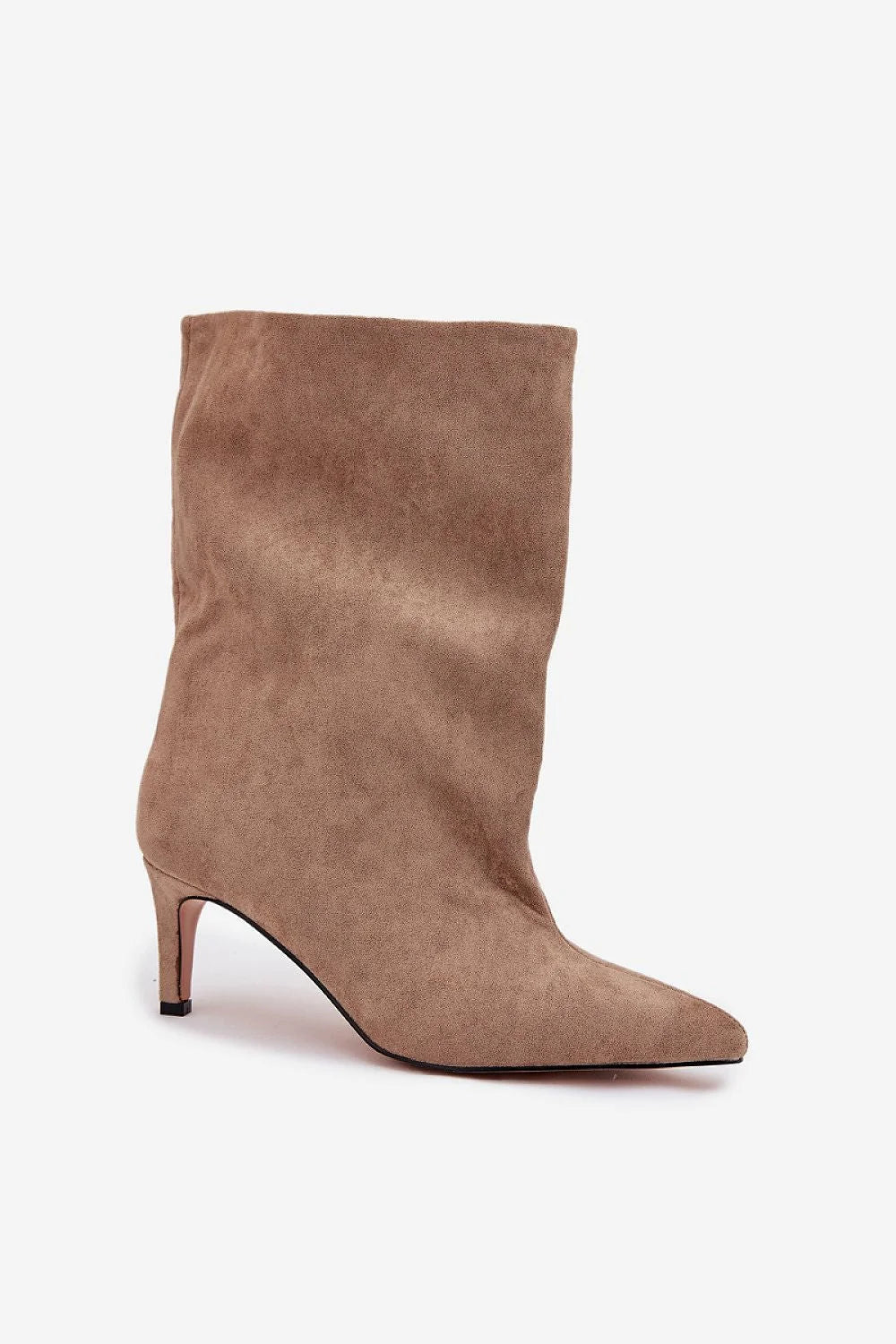 bottines slouchy daim taupe mi mollet bout pointu talon kitten bas 7cm tige lâche souple élégant féminin polyvalent décontracté habillé