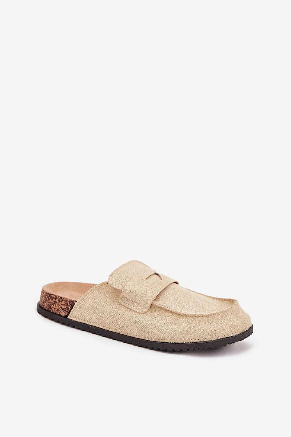 mules suédine écologique femme backless loafer beige bout rond bride penny plateforme liège 3cm semelle crantée noire confortable