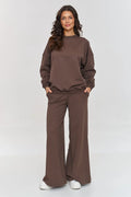 femme survêtement casual oversize sweat manches longues col rond pantalon ample taille élastique poches latérales jersey doux extensible brun chocolat