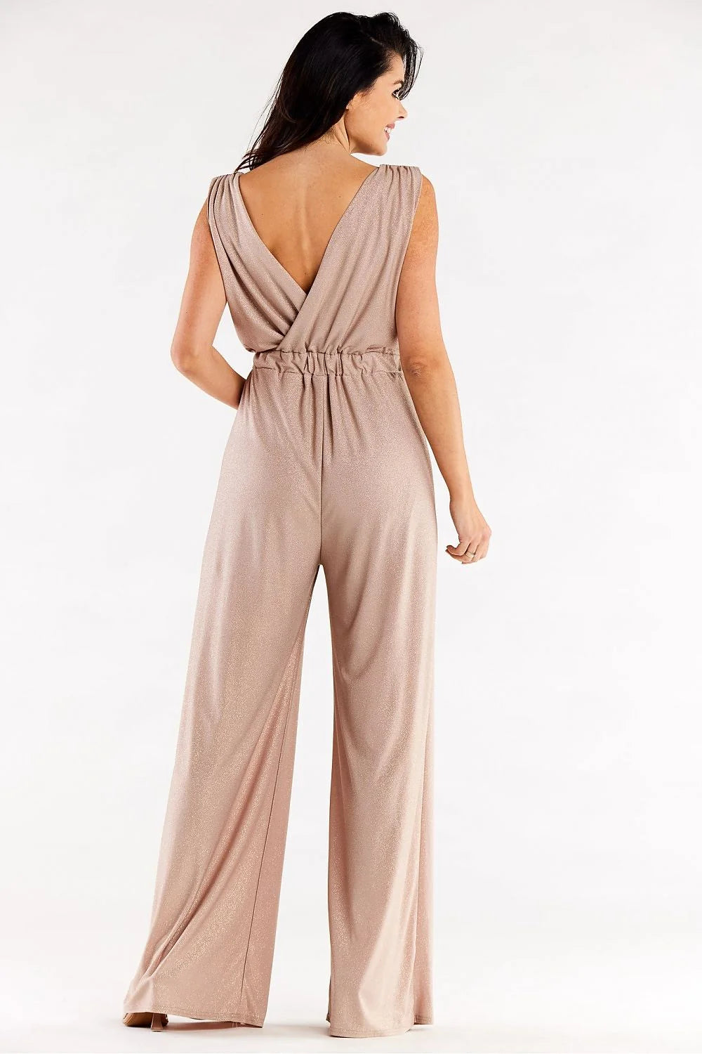 Combinaison pour femme robe longue sans manches en V couleur rose vif tissu fluide élastique Pologne
