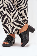 Sandales pour femmes modernes talon bloc cuir noir écolabellisé semelle plateforme nœud décoratif Jezzi