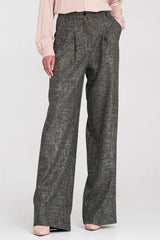pantalon long femme taille haute coupe relaxed chiné gris texturé tweed plis devant jambes larges poches italiennes bouton braguette élégant