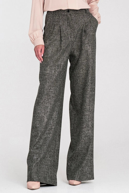 pantalon long femme taille haute coupe relaxed chiné gris texturé tweed plis devant jambes larges poches italiennes bouton braguette élégant