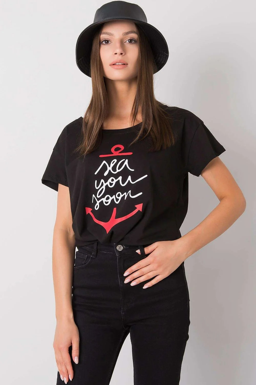 T-shirt pour femme design ancre 'sea you soon' vert menthe manches courtes col rond ajusté