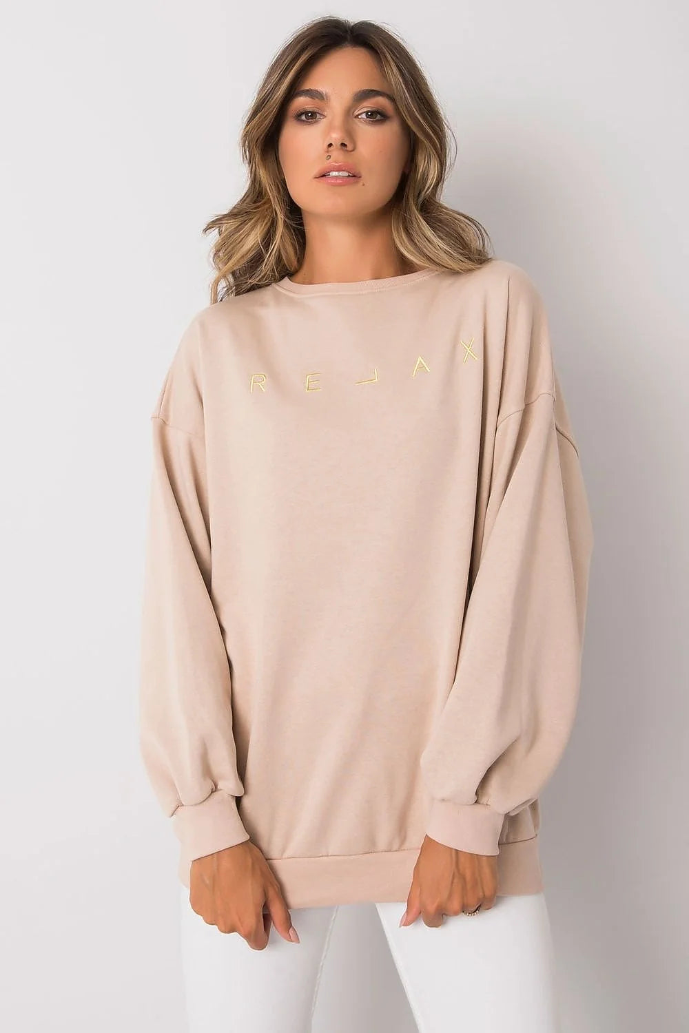 Sweatshirt en coton polyester oversize beige matelassé décontracté avec inscription dorée pour femmes modernes