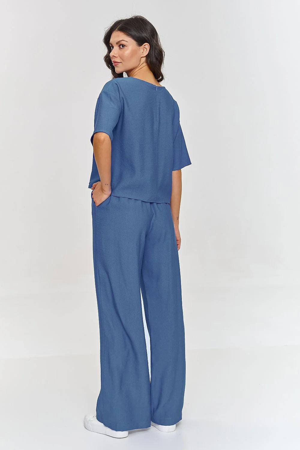 Ensemble Makadamia pour femme élégant printemps été chemisier ample manches courtes pantalon large bleu ardoise