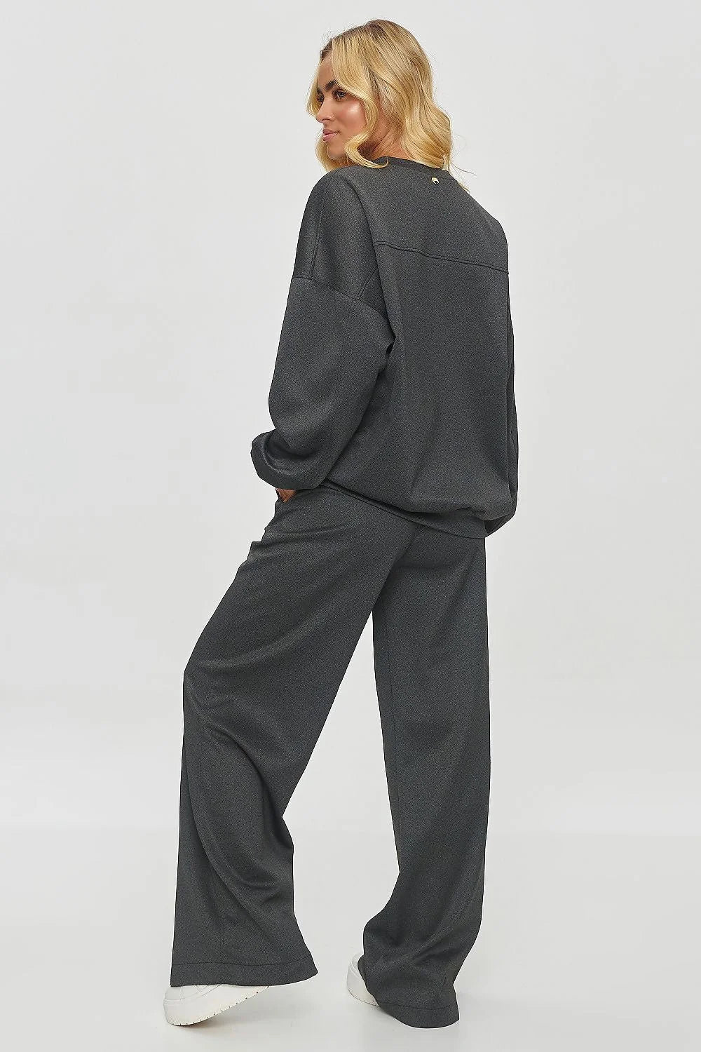 ensemble Makadamia athleisure femme ample gris anthracite sweatshirt oversize molleton manches tombantes pantalon palazzo taille elastique poches cotonpolyester confort style