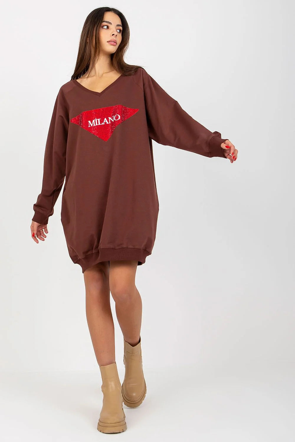 Robe Casual Femme MILANO Coupe Large Manches Longues Col V Coton Mélange Côtelé Finitions Soignées