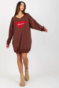 Robe Casual Femme MILANO Coupe Large Manches Longues Col V Coton Mélange Côtelé Finitions Soignées