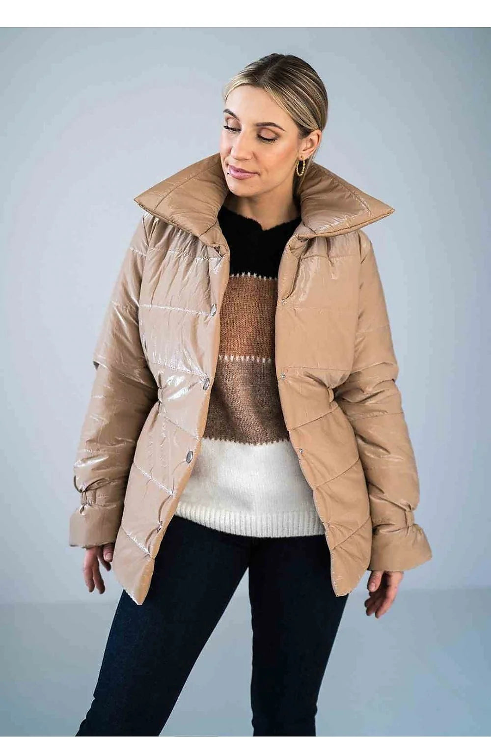 Veste matelassée brillante pour femme longueur hanche col montant style moderne polyester 100 %