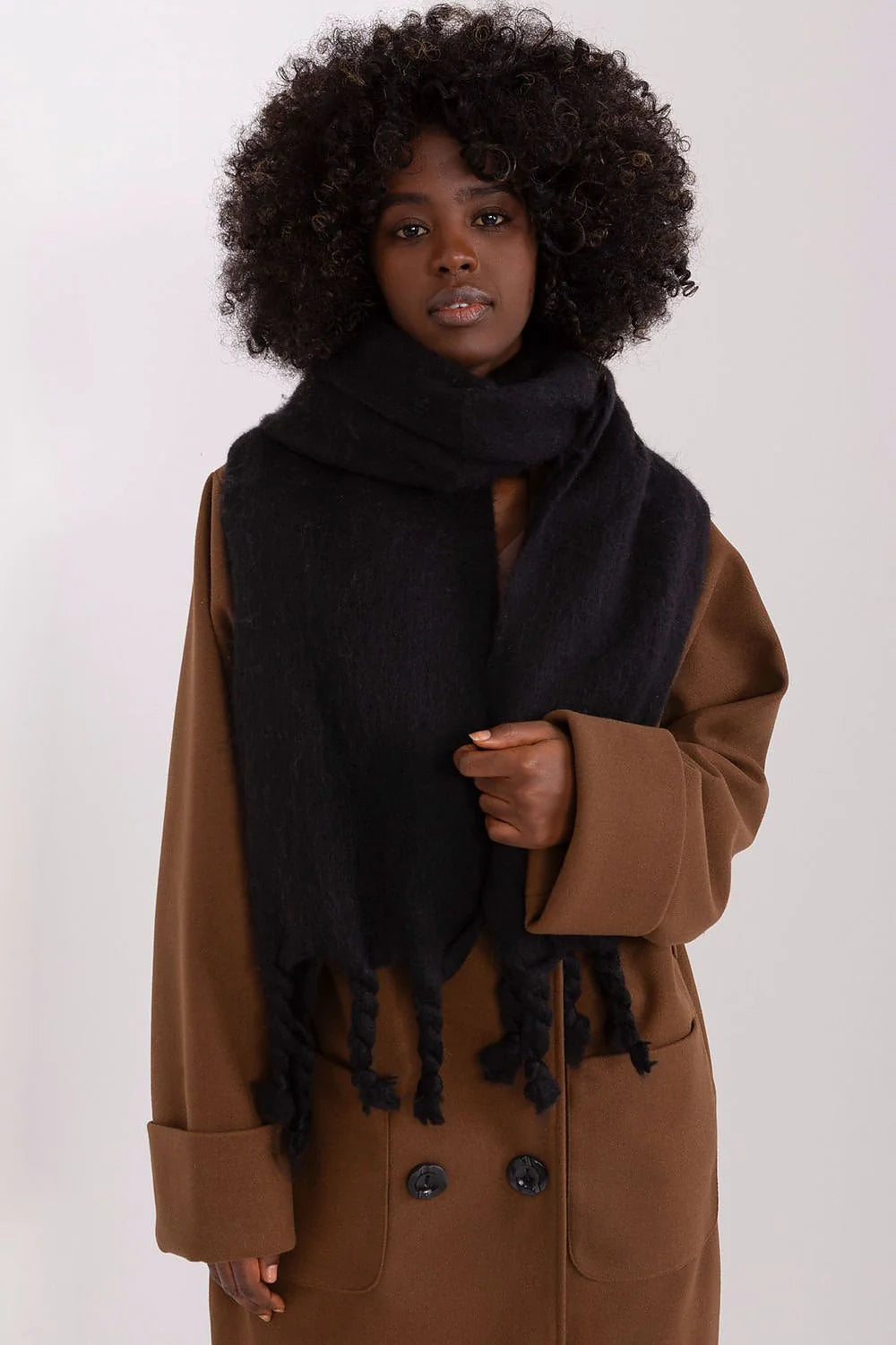 Ensemble manteau écharpe Automne Hiver marron noir laine mixte femmes longueur classe élégance poches boutons franges