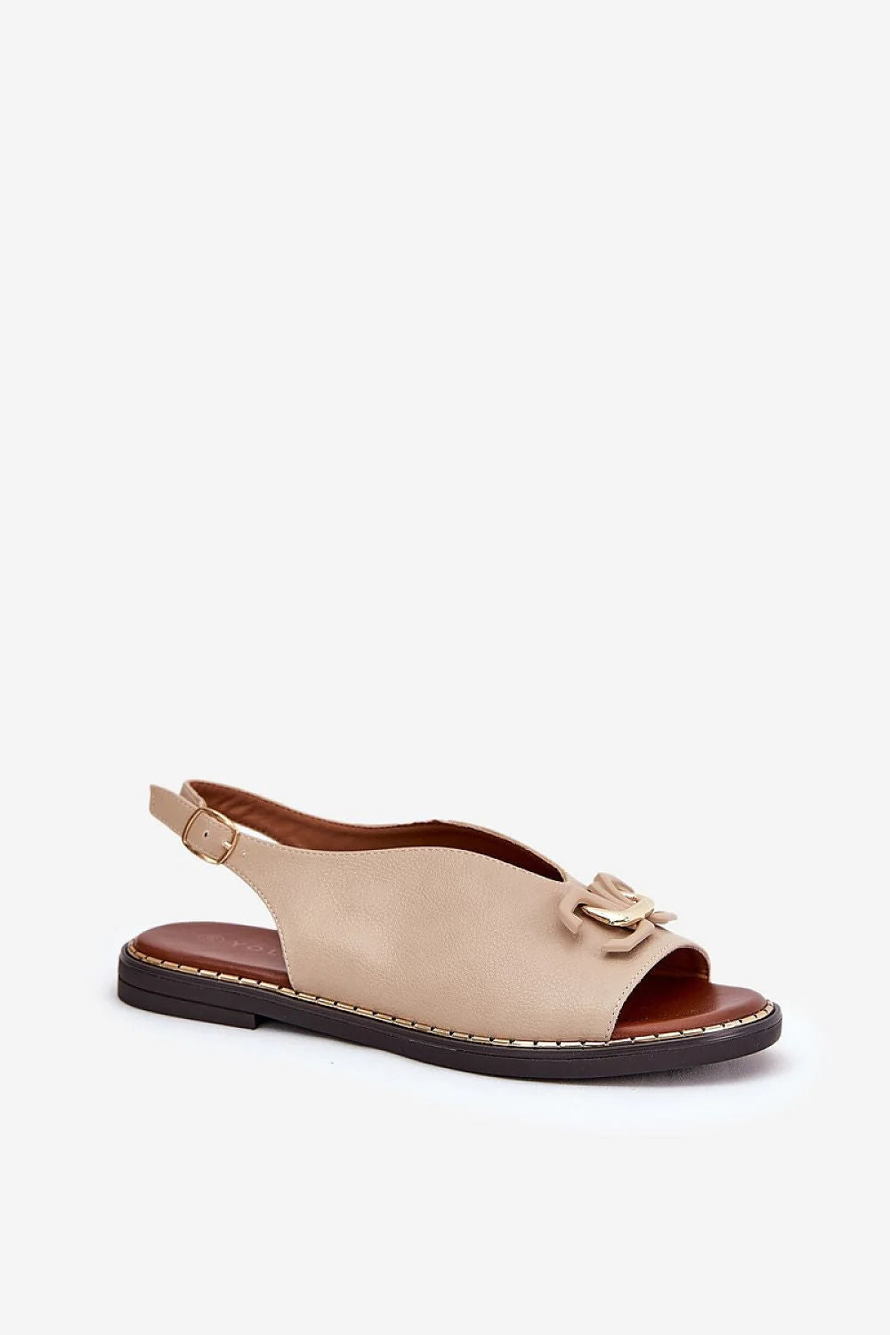 Sandales femmes style ouvert cuir éco-friendly beige décor métal talon plat ajustable confortable élégance été