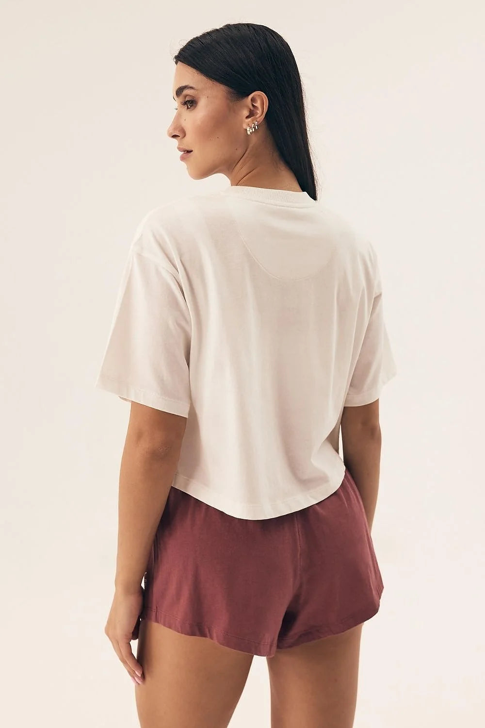 Pyjama Henderson Femme Court T-shirt Blanc Cassé Short Bordeaux Élastique Coton Confortable Été