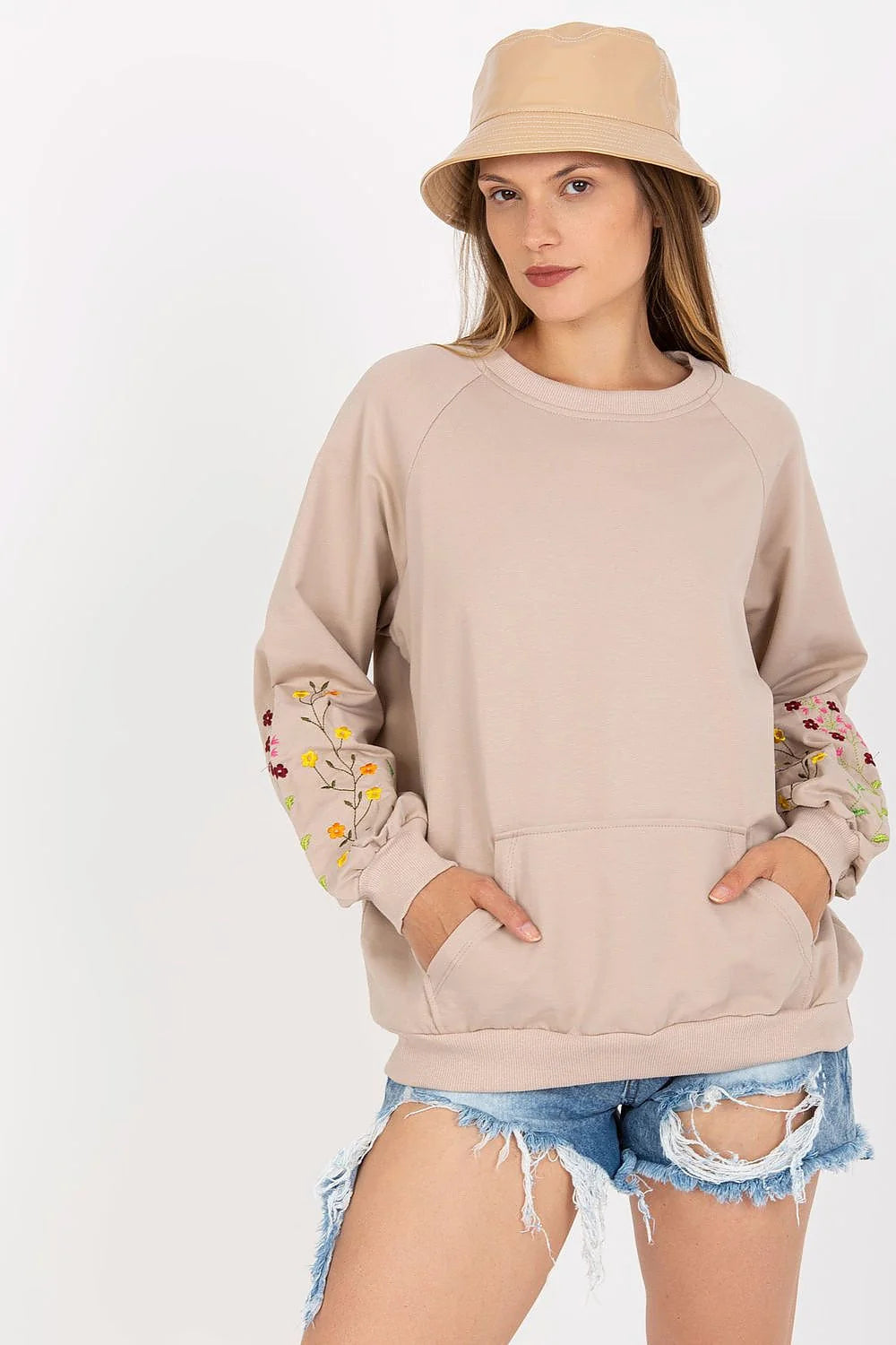 Sweatshirt femme style Parisien manches longues broderie fleurs couleur beige coton élasthanne taille L/XL