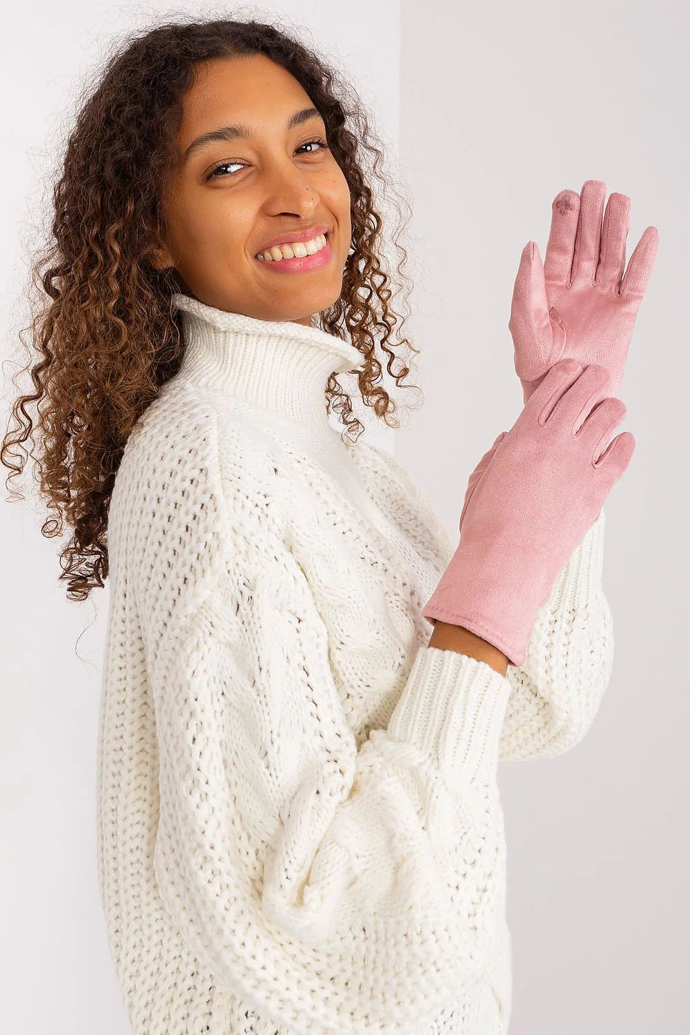 Gants élégants pour femmes tissu lisse isolant fleur brodée index manches longues rose poudré