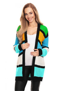 Cardigan audacieux pour femme, motifs géométriques, couleurs vives, manches longues, sans fermeture, maille épaisse, style moderne, confort optimal, idéal pour tous les jours
