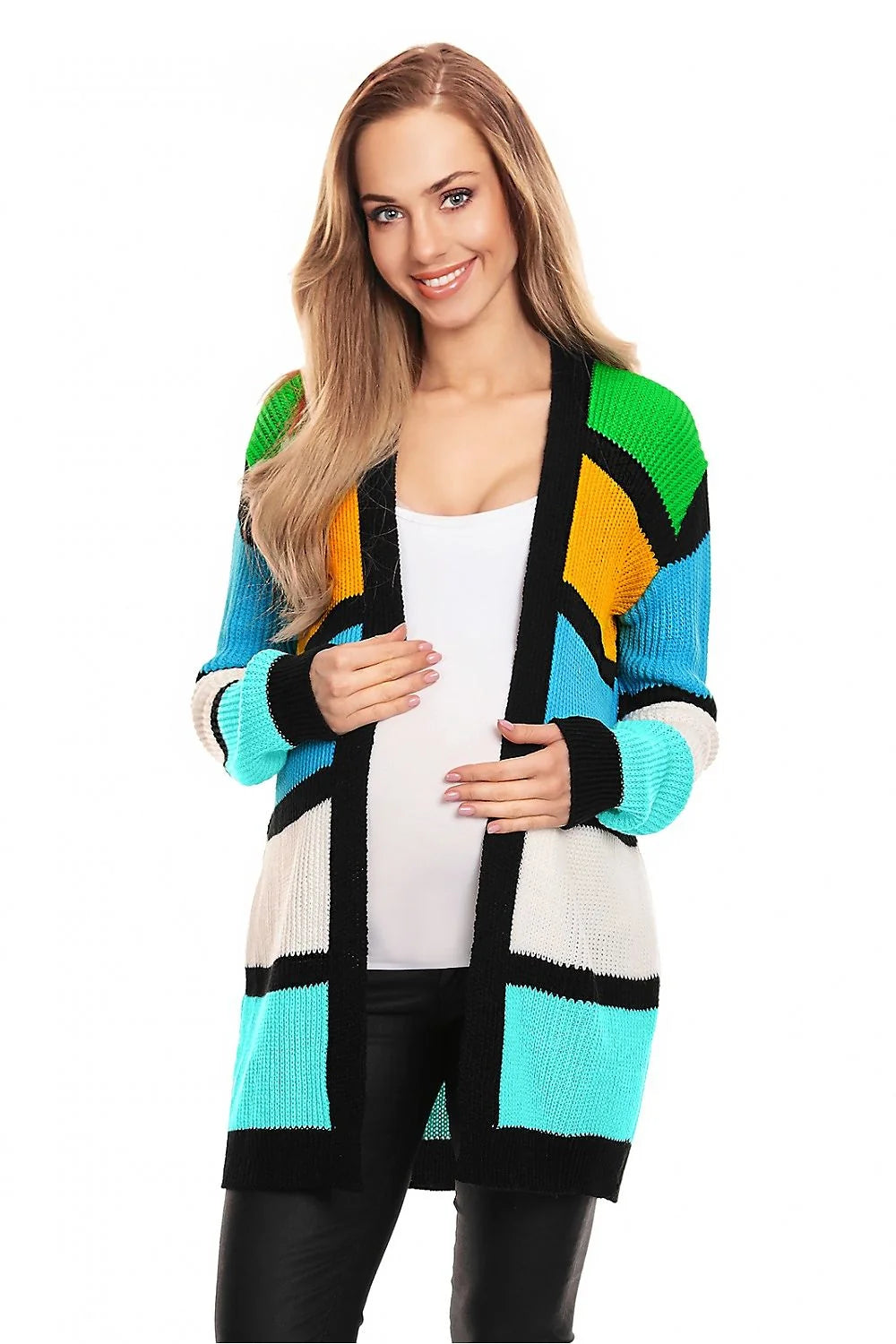 Cardigan audacieux pour femme, motifs géométriques, couleurs vives, manches longues, sans fermeture, maille épaisse, style moderne, confort optimal, idéal pour tous les jours