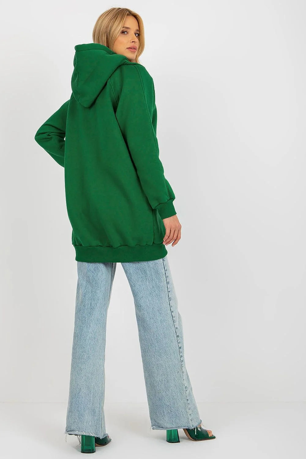 sweatshirt long femme chaud doublure molletonnée coton polyester capuche cordon poches latérales discrètes coupe allongée minimaliste polyvalent confortable décontracté