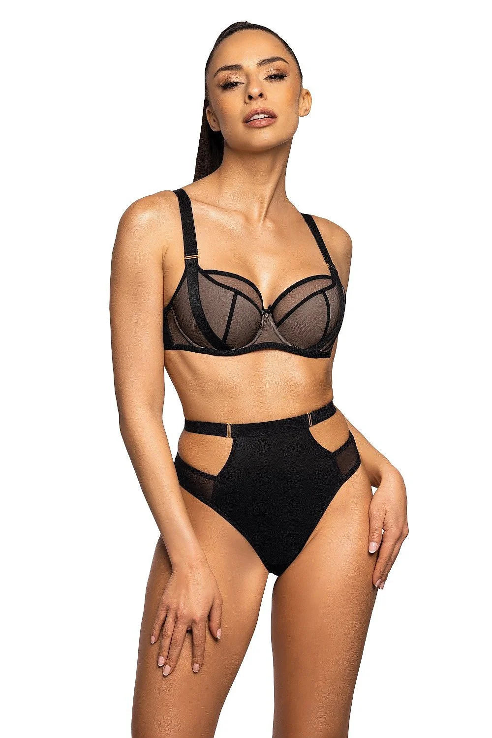 Soutien-gorge semi-complet Denise en noir tulle élastique mousse corsetée armatures verticales bretelles ajustables nœud zircon femme poitrine forte