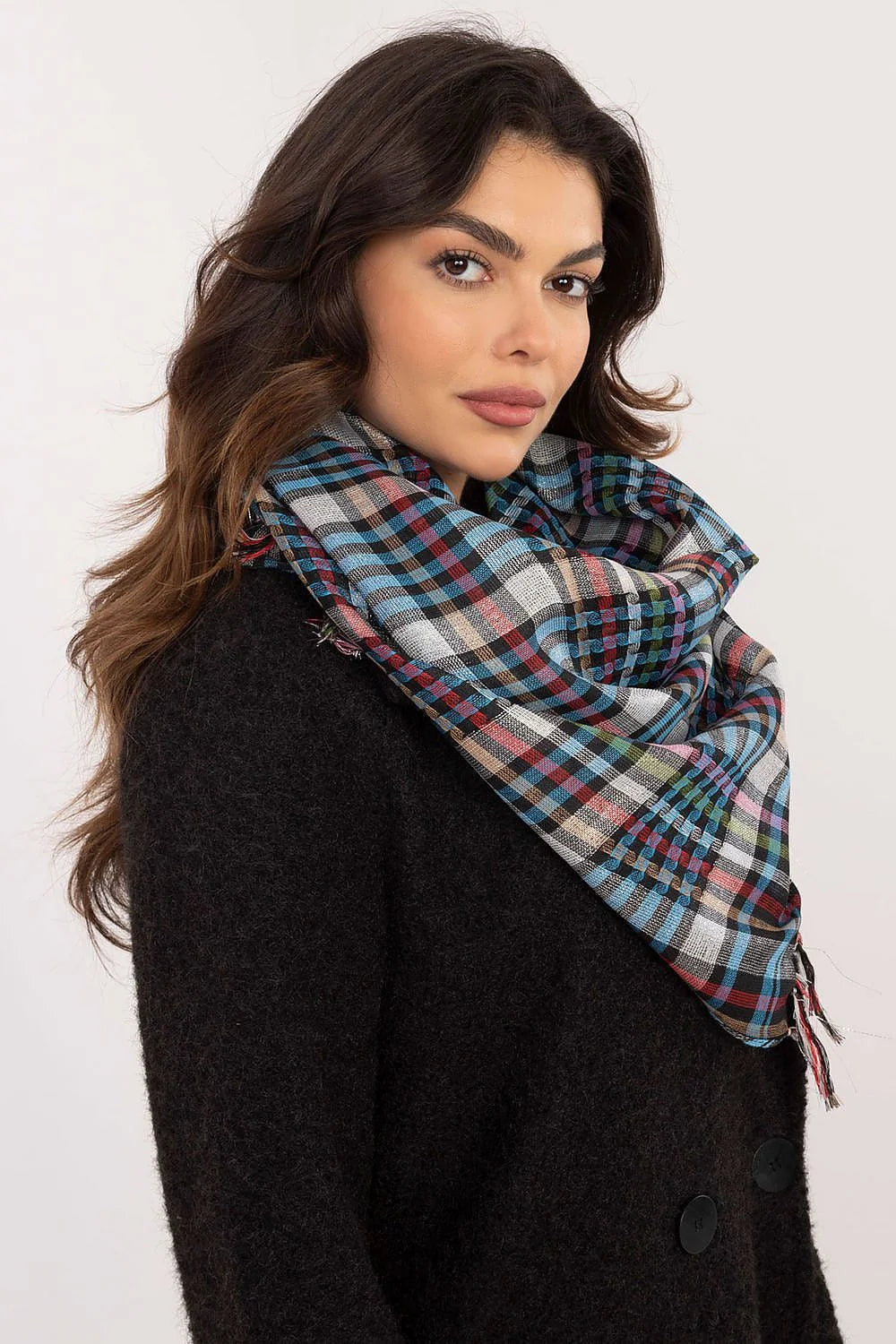 Foulard design multicolore à carreaux, en laine douce, pour femmes, occasion quotidienne et soirées, avec franges effilées, grande taille 100x100 cm