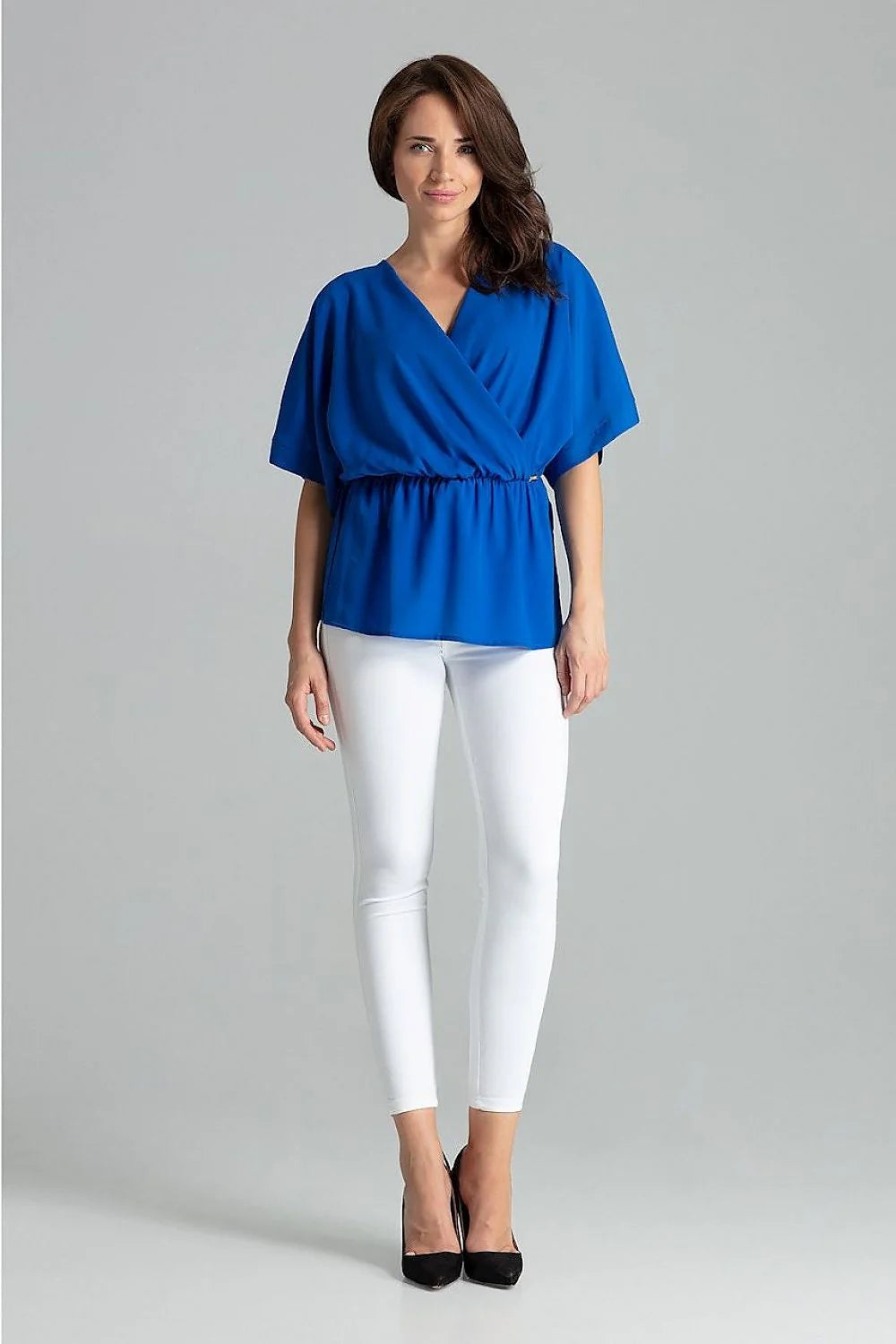 chemisier ample beige Lenitif manches kimono col V cachecoeur élégant tendance femme moderne fluide taille élastique fronces crêpe casualchic blousant