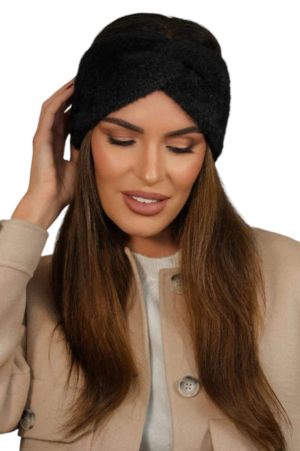 Bandeau d'hiver élégant pour femme en polyamide noir avec nœud croisé, confort tout au long de la journée, style sophistiqué