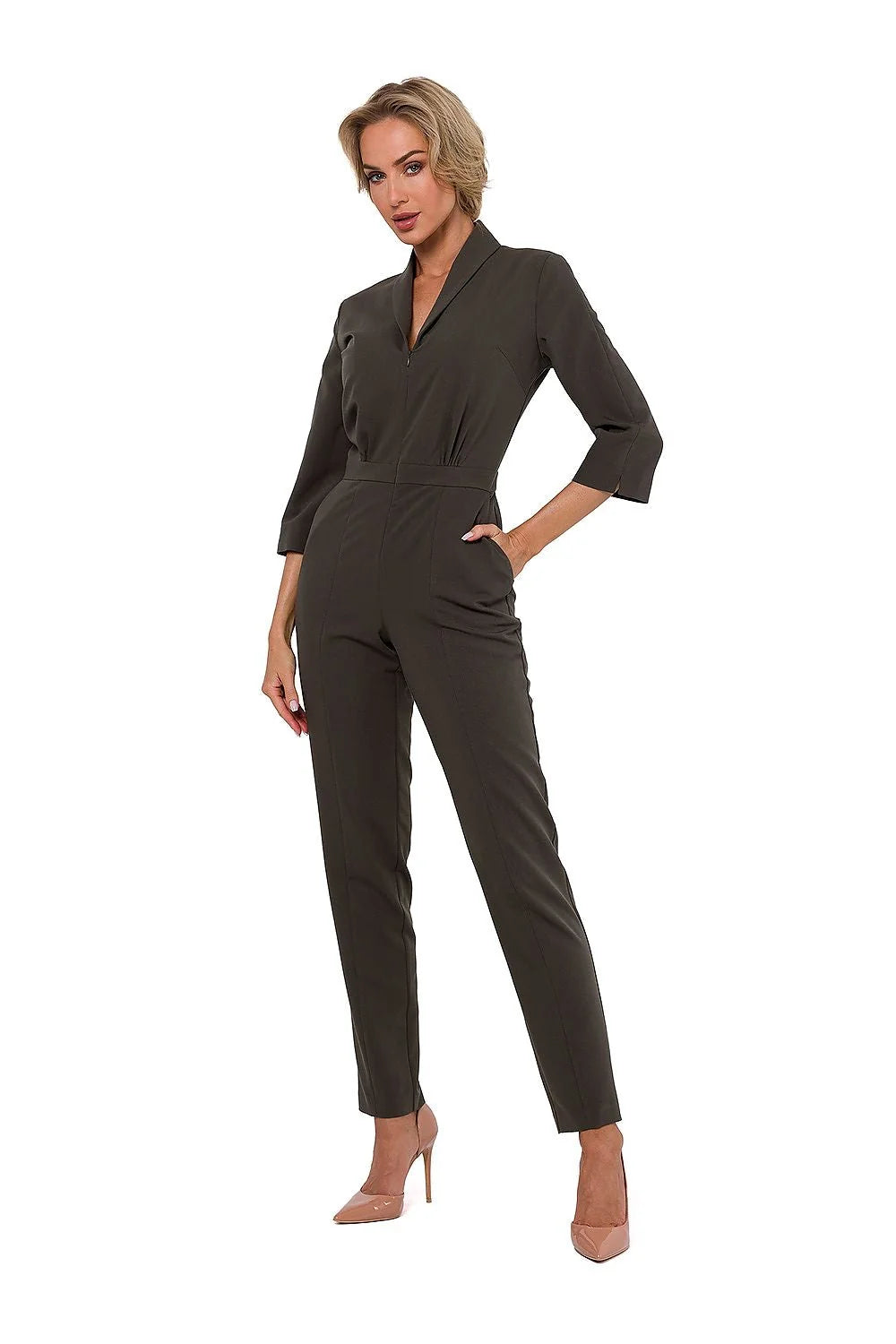 Combinaison chic élégante pour femmes manches 3/4 col châle fermeture invisible kaki taille ajustable pantalon droit femme
