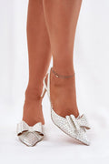 Escarpins élégants à talon ouvert, bouts pointus et nœud, cuir synthétique blanc, clous argentés, 7.5 cm, femmes, occasions spéciales
