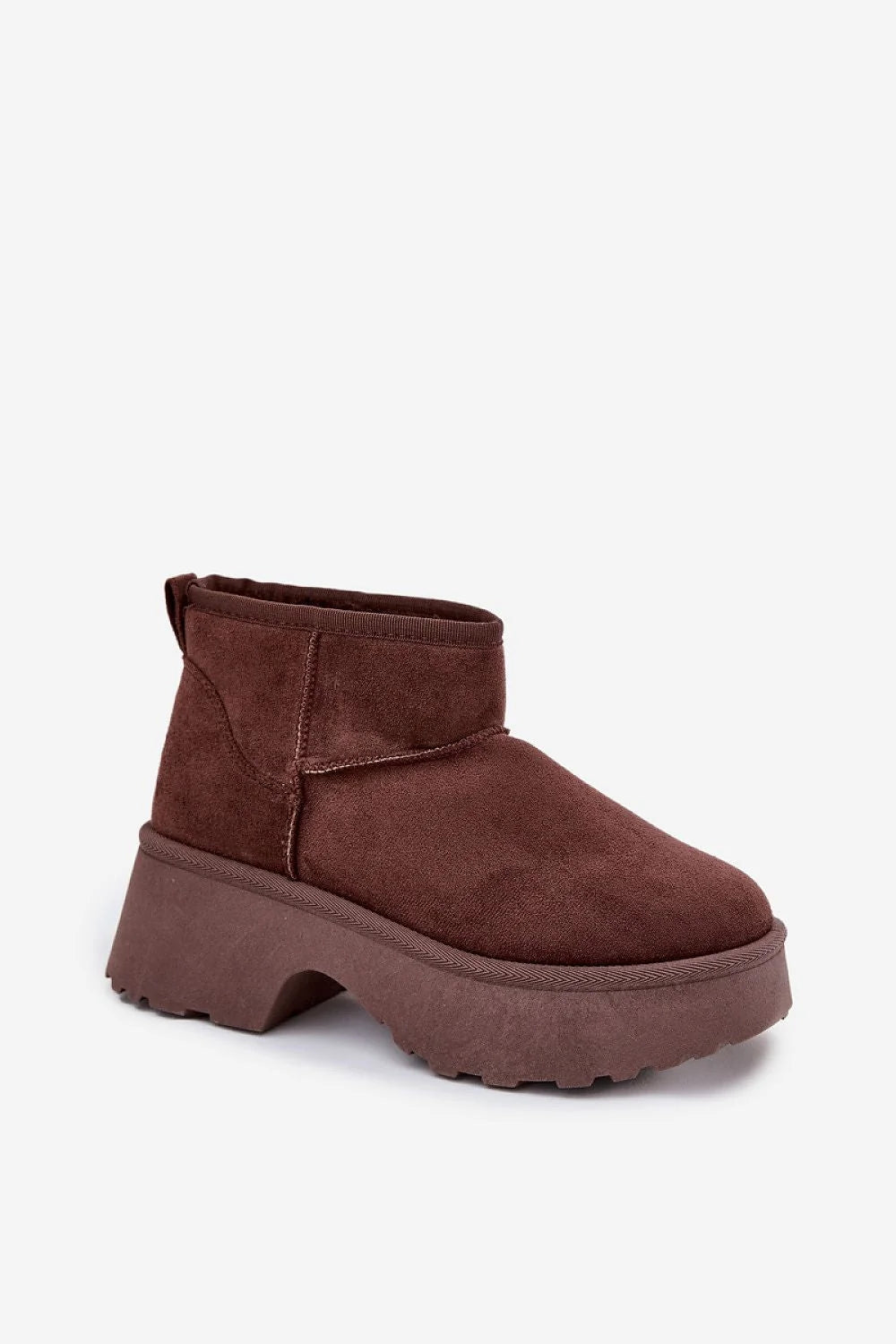 bottines femme suédine écologique marron chocolat bout arrondi semelle plateforme crantée talon chunky doublure fourrure chaude confort stabilité enfilage facile