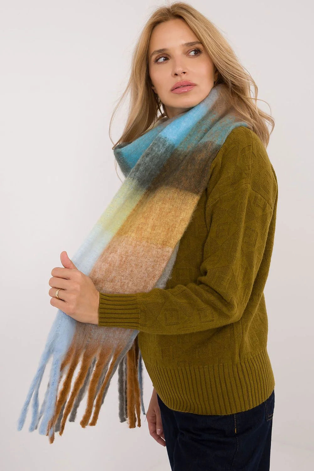 Écharpe en mohair et alpaga, motif à carreaux, franges longues, style chic et bohème, femme automne-hiver