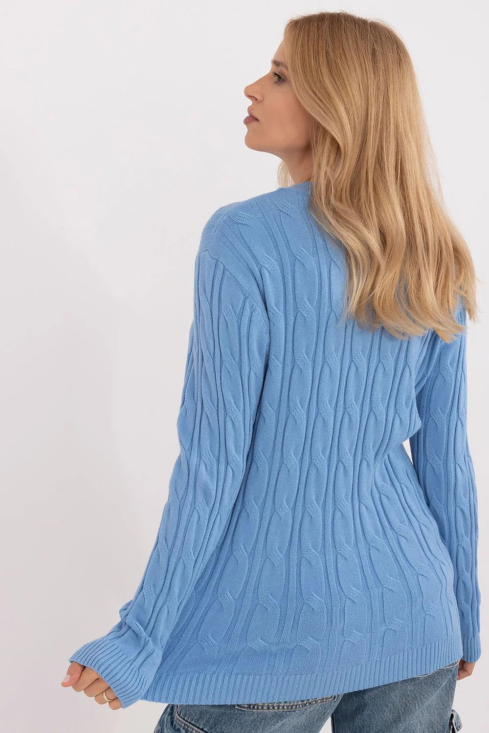 Pull femmes style casual motif torsadé manches longues col rond côtelé couleur bleu pastel matériau mélange viscose nylon PBT