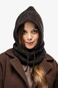 cagoule kidmohair laine acrylique polyamide marron foncé capuche encolure tube cordons réglables maille tricotée duveteuse ajustée chaude urbaine
