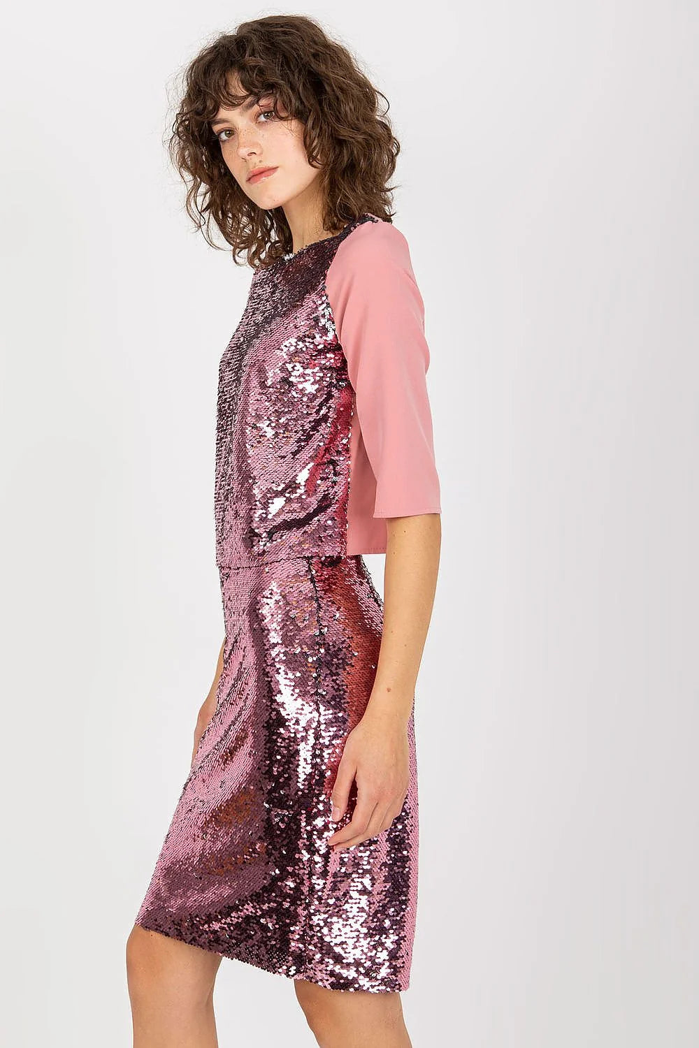 Chemisier Lakerta élégant pour femme en sequins roses tissu uni polyester manches courtes ajusté soirée
