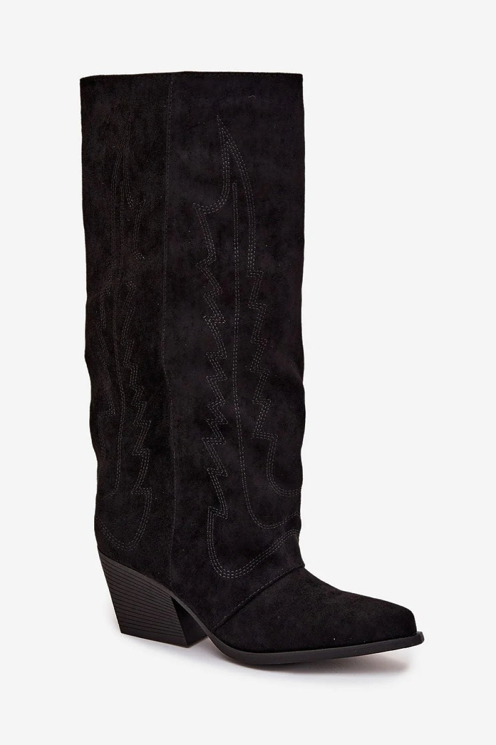 bottes cowboy femme suédine noire talon bloc moyen bout pointu silhouette effilée tige haute broderie tonale semelle crantée légère confortable