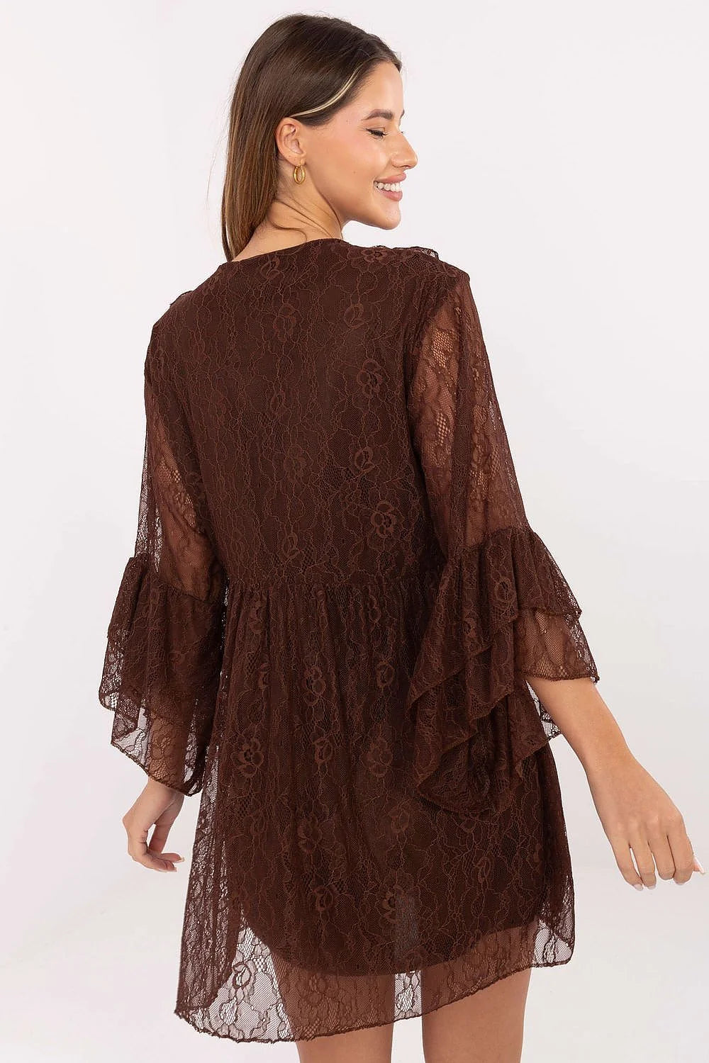 robe soirée dentelle évasée mini manches volants cloche décolleté V noeud plissé doublure opaque coupe fluide taille empire bohème chic