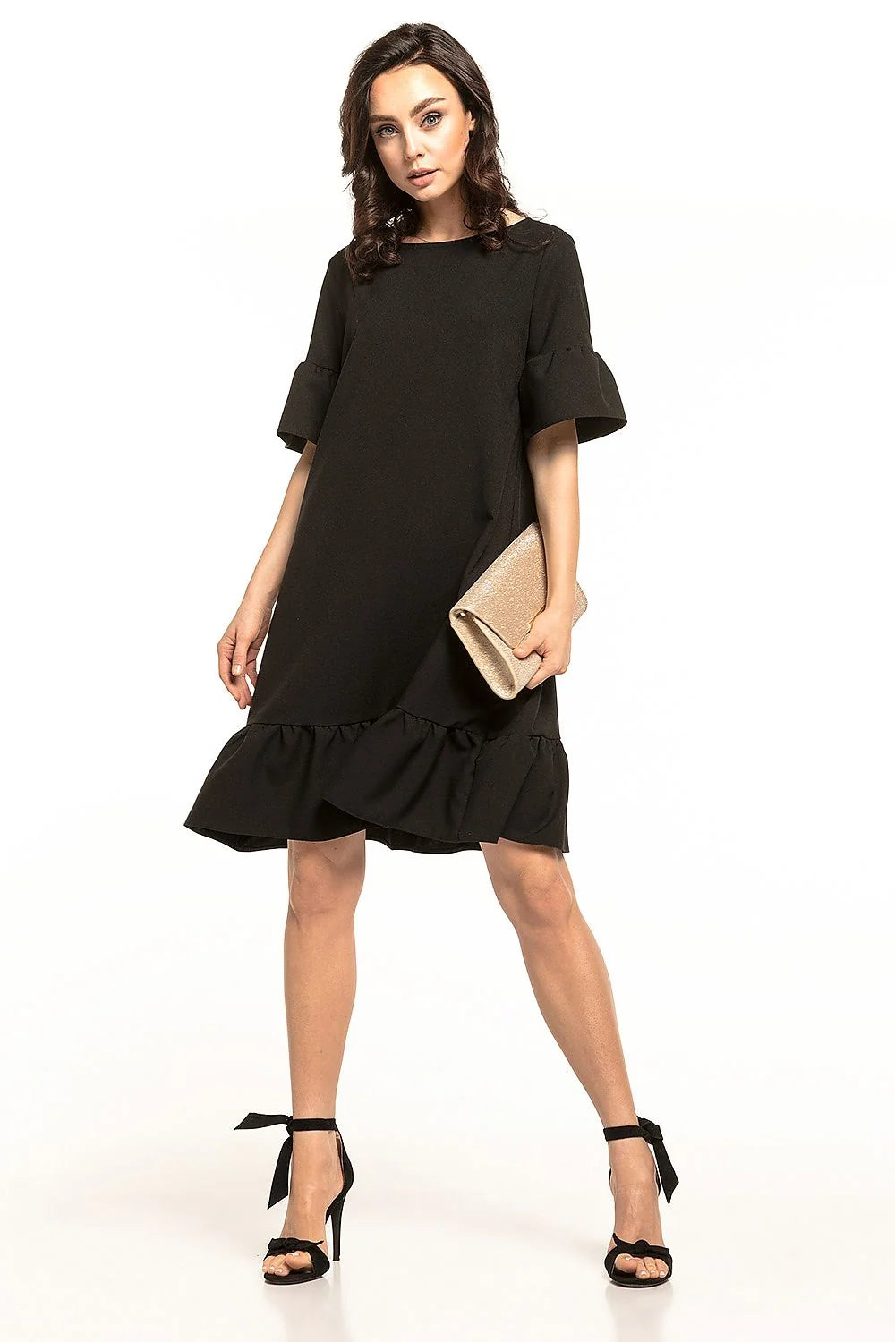 robe Tessita polyester élasthanne élégante bleu clair coupe trapèze courte col rond nœud manches volants ourlet froncé fluide confortable estivale