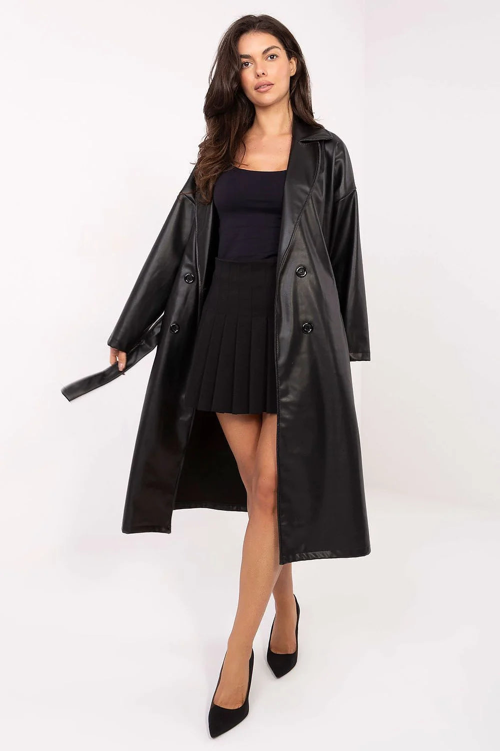 manteau long trench simili cuir noir oversize double boutonnage col revers ceinture amovible mi mollet manches tombantes
