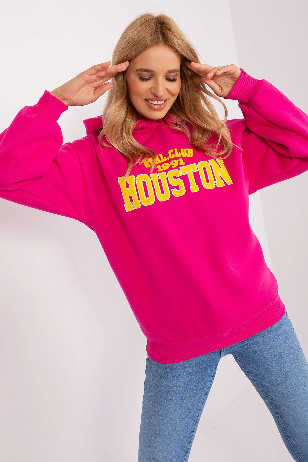 Sweatshirt Femme Casual Oversized Hot Pink Houston Imprimé Capuche Coton Polyester Mode Élégant