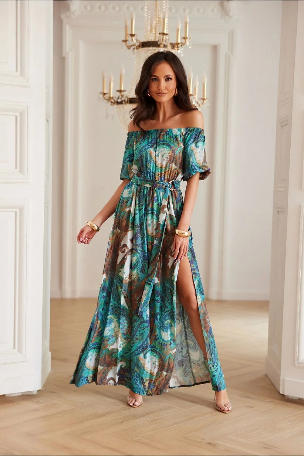 robe longue femme bohème épaules dénudées manches ballon viscose légère fluide imprimé cachemire bleu vert marron ceinture fente latérale haute